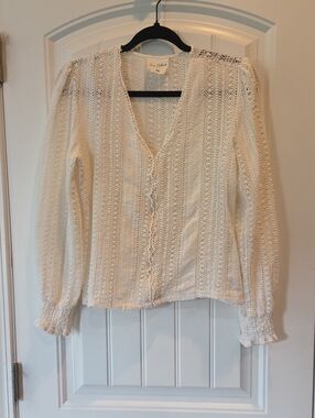 Easy Clothes Cream Open-Knit V-Neck Blouse S/M